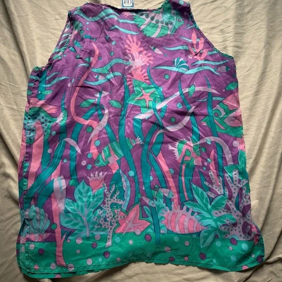 Vintage 80s Under the Sea Silk Tank Top Sensual Silk Caribbean Club XL 100% Silk - Picture 3 of 5